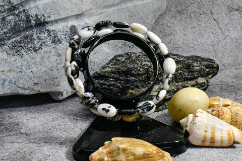 Bracelet - Memory Wire with Black and White Jasper