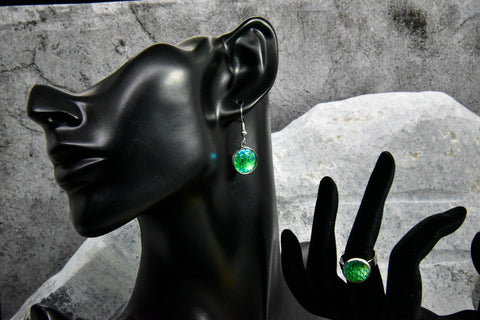 Earrings and Ring Set - Green Glaze Cabochon