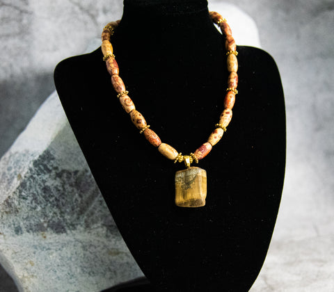 Necklace - Tiger Eye in Wood Bead Setting