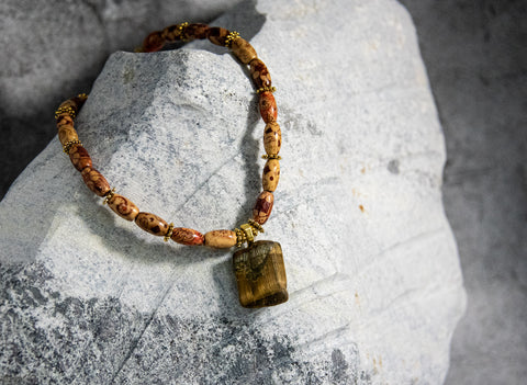 Necklace - Tiger Eye in Wood Bead Setting