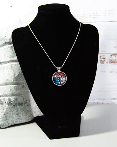 Tree of Life Cabochon with entrancing pastel reds and blues, on silver-finish snake chain