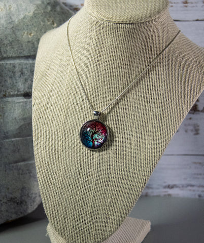 Tree of Life Cabochon with entrancing pastel reds and blues, on silver-finish snake chain