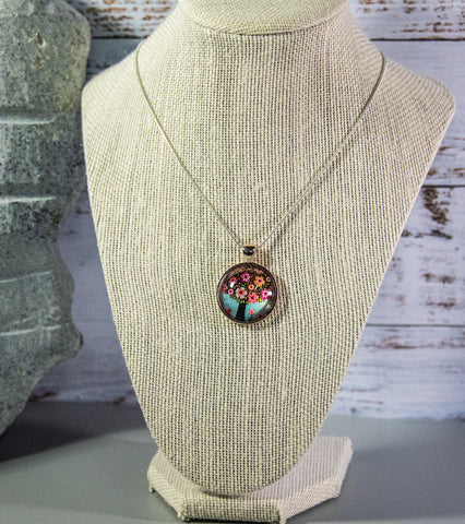 Tree of Life Cabochon with entrancing pastel reds and blues, on silver-finish chain