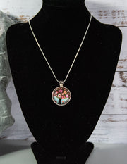 Tree of Life Cabochon with entrancing pastel reds and blues, on silver-finish chain