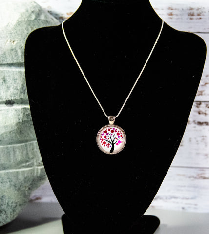 Tree of Life Cabochon with entrancing pastel reds on silver-finish snake necklace