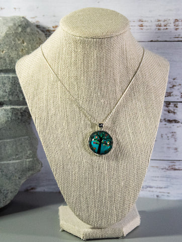 Tree of Life Cabochon with entrancing pastel greens and blues, on silver-finish mount and snake chain