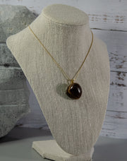 Finished and shaped Tiger Eye stone necklace, dark brown with multitude of cream accents