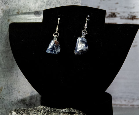 Mother Rock - Dramatic blue rock with intriguing white and cream accents on silver-finish earrings.