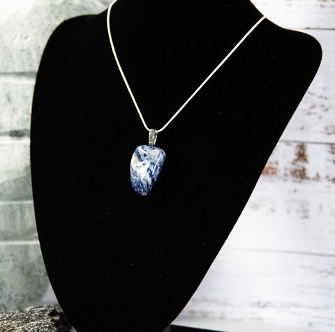 Mother Rock - Dramatic blue rock with intriguing white and cream accents on silver-finish snake chain