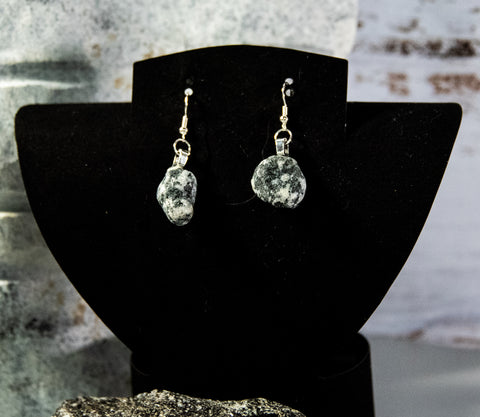 Mother Rock - Dramatic black and white Quartz rock with multitude of patterned black and white accents on silver-finish earrings.