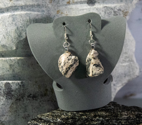 Mother Rock - Dramatic black and white Quartz rocks with multitude of red, black and white accents on elegant silver-finish earrings