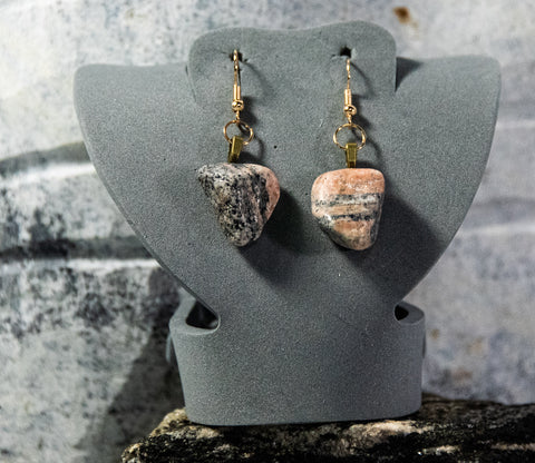 Mother Rock - Dramatic red Quartz rock with multitude of red, black and white layers and accents on gold-finish earrings